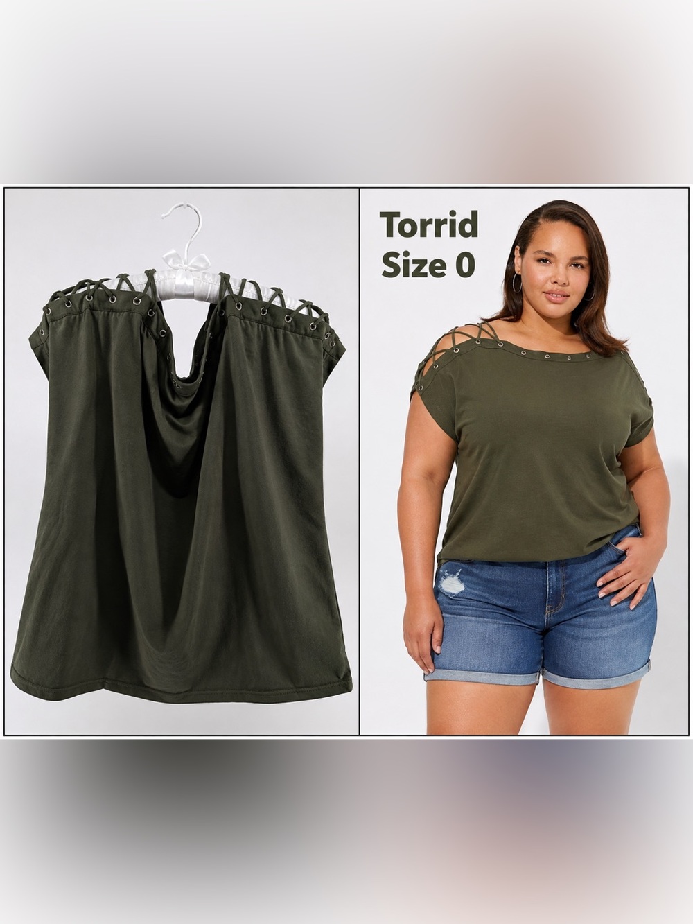 Torrid Heritage Size 0 (12/lg)Olive Green Lace Up Grommet Cold Shoulder Knit Top